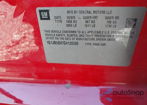 2016 Chevrolet Sonic Ls Manual z USA, uszkodzony, nr VIN 1G1JB5SH7G4128309